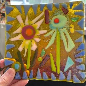 “Wild Flower ”Fused Art Glass  Handmade 6”Square Bowl Amber By Victoria Heisler